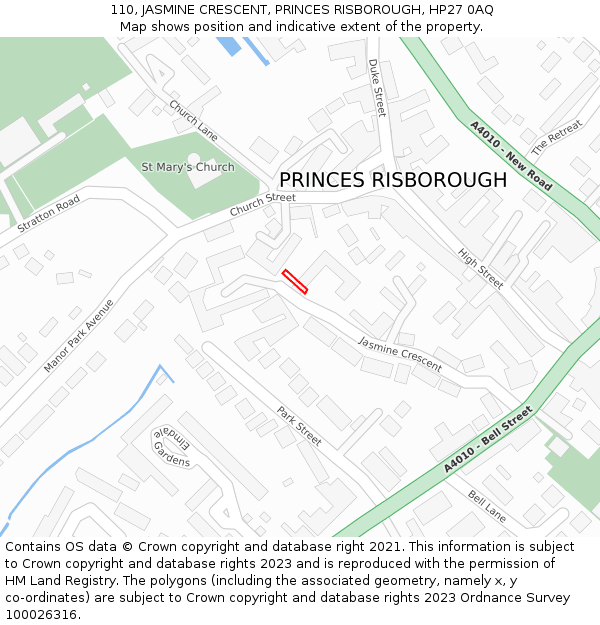 110, JASMINE CRESCENT, PRINCES RISBOROUGH, HP27 0AQ: Location map and indicative extent of plot