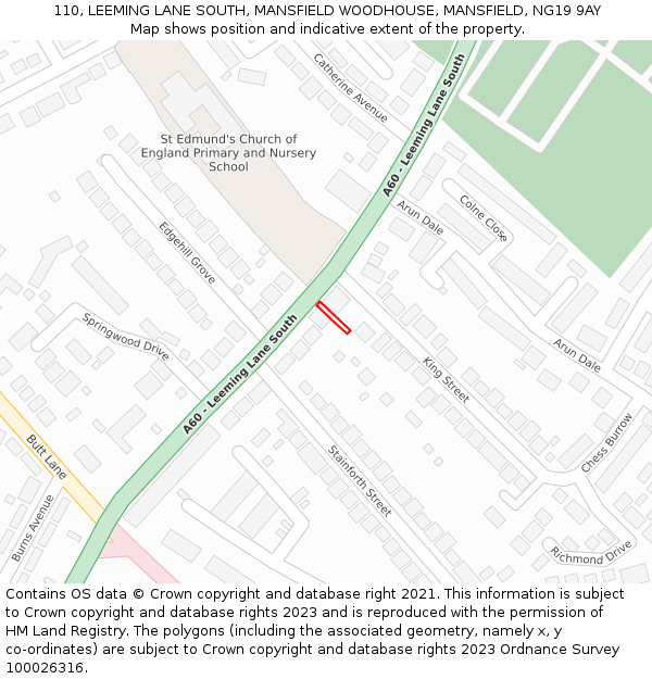 110, LEEMING LANE SOUTH, MANSFIELD WOODHOUSE, MANSFIELD, NG19 9AY: Location map and indicative extent of plot
