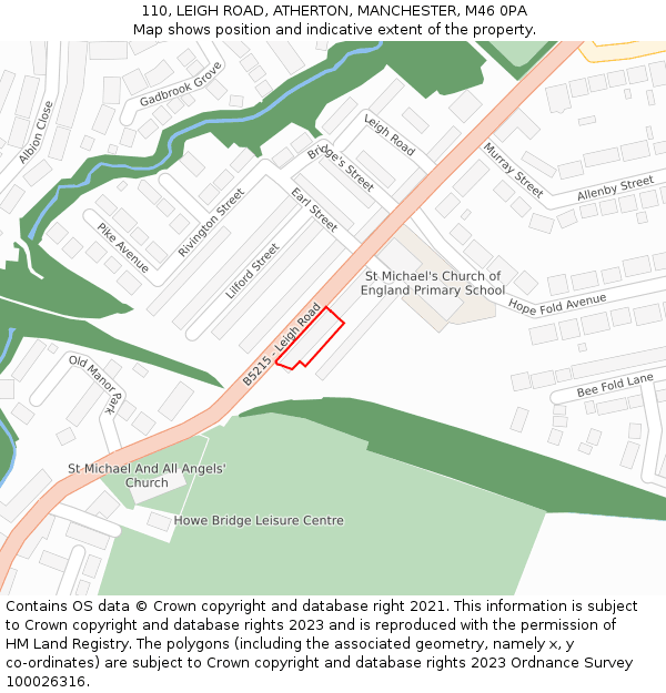 110, LEIGH ROAD, ATHERTON, MANCHESTER, M46 0PA: Location map and indicative extent of plot