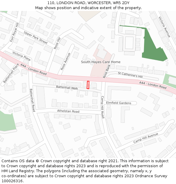 110, LONDON ROAD, WORCESTER, WR5 2DY: Location map and indicative extent of plot