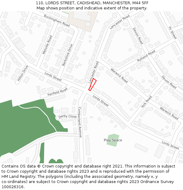 110, LORDS STREET, CADISHEAD, MANCHESTER, M44 5FF: Location map and indicative extent of plot