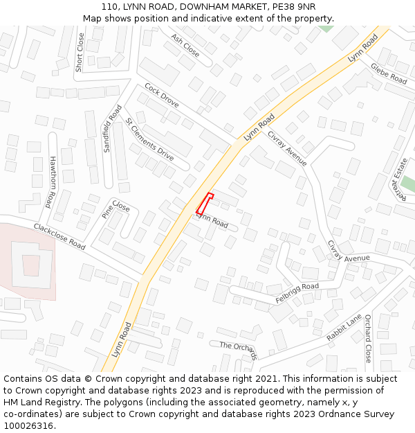 110, LYNN ROAD, DOWNHAM MARKET, PE38 9NR: Location map and indicative extent of plot