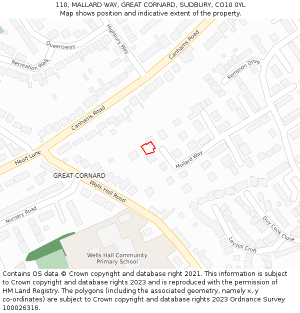 110, MALLARD WAY, GREAT CORNARD, SUDBURY, CO10 0YL: Location map and indicative extent of plot