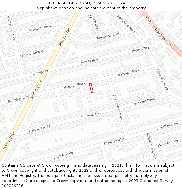 110, MARSDEN ROAD, BLACKPOOL, FY4 3DU: Location map and indicative extent of plot