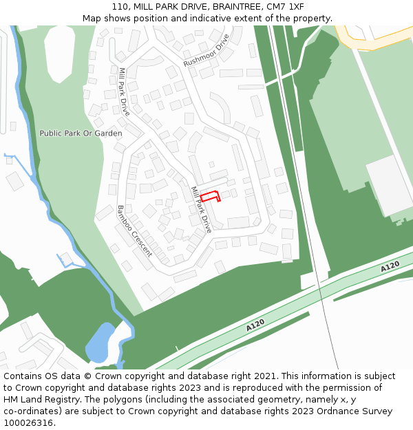 110, MILL PARK DRIVE, BRAINTREE, CM7 1XF: Location map and indicative extent of plot