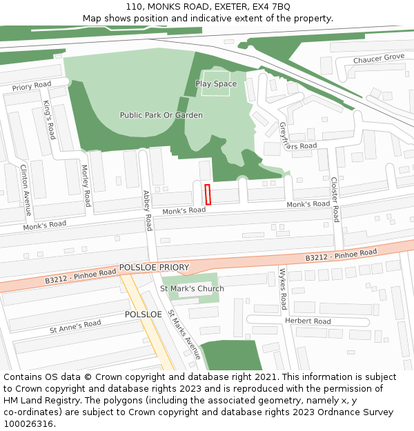 110, MONKS ROAD, EXETER, EX4 7BQ: Location map and indicative extent of plot