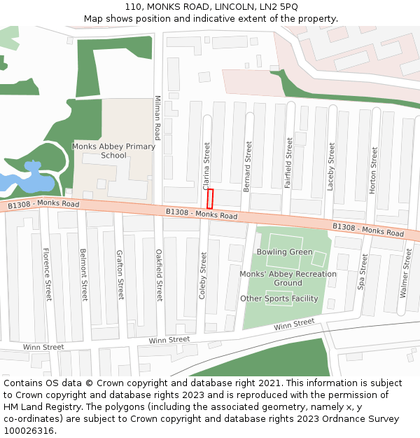 110, MONKS ROAD, LINCOLN, LN2 5PQ: Location map and indicative extent of plot