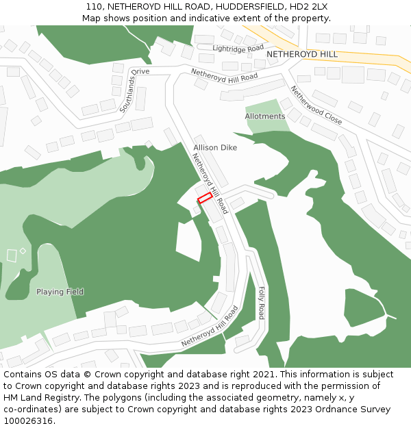 110, NETHEROYD HILL ROAD, HUDDERSFIELD, HD2 2LX: Location map and indicative extent of plot