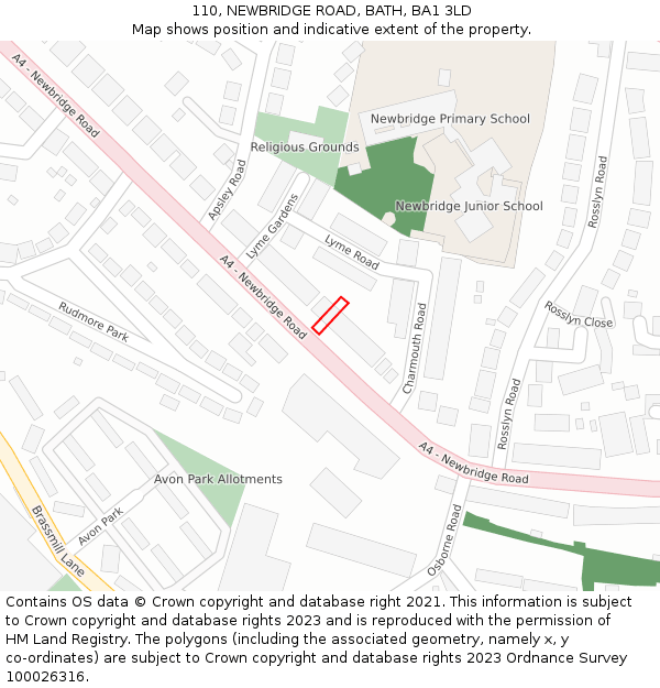 110, NEWBRIDGE ROAD, BATH, BA1 3LD: Location map and indicative extent of plot