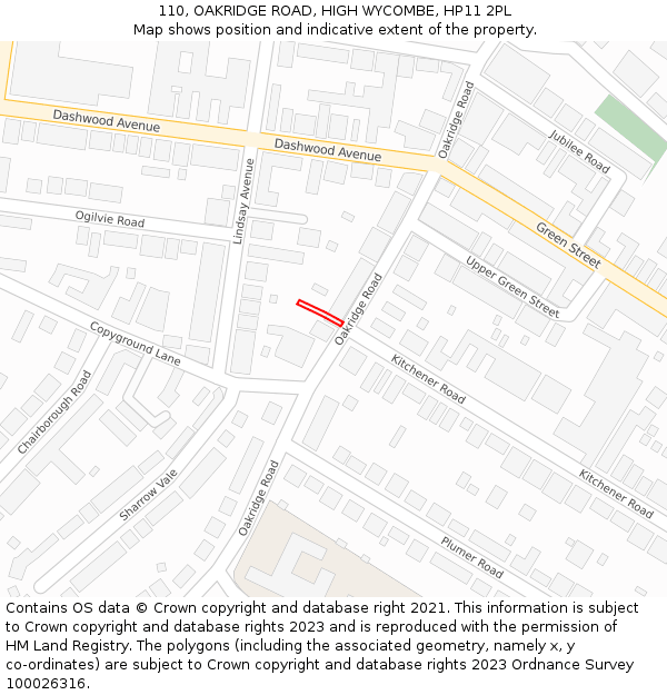 110, OAKRIDGE ROAD, HIGH WYCOMBE, HP11 2PL: Location map and indicative extent of plot