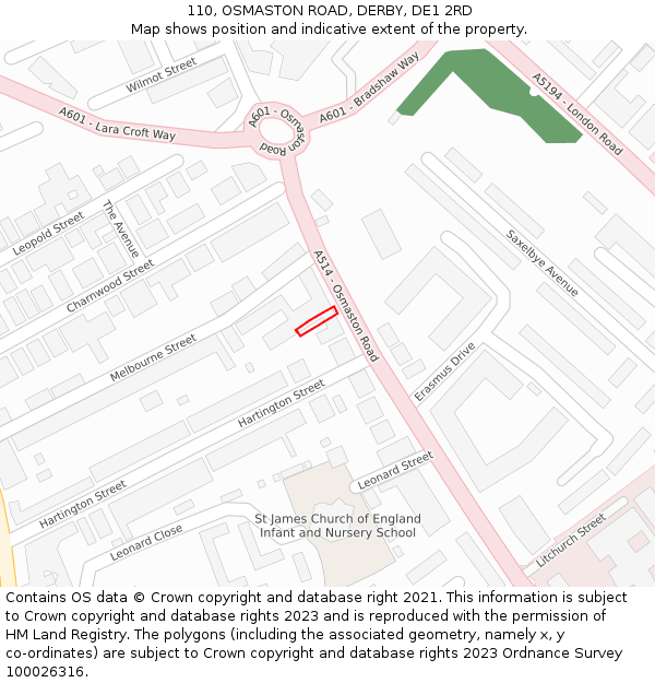 110, OSMASTON ROAD, DERBY, DE1 2RD: Location map and indicative extent of plot