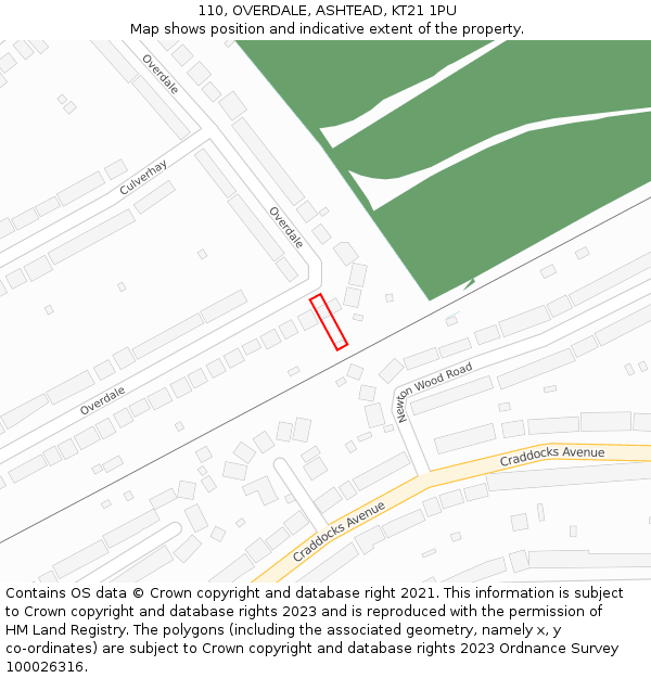 110, OVERDALE, ASHTEAD, KT21 1PU: Location map and indicative extent of plot