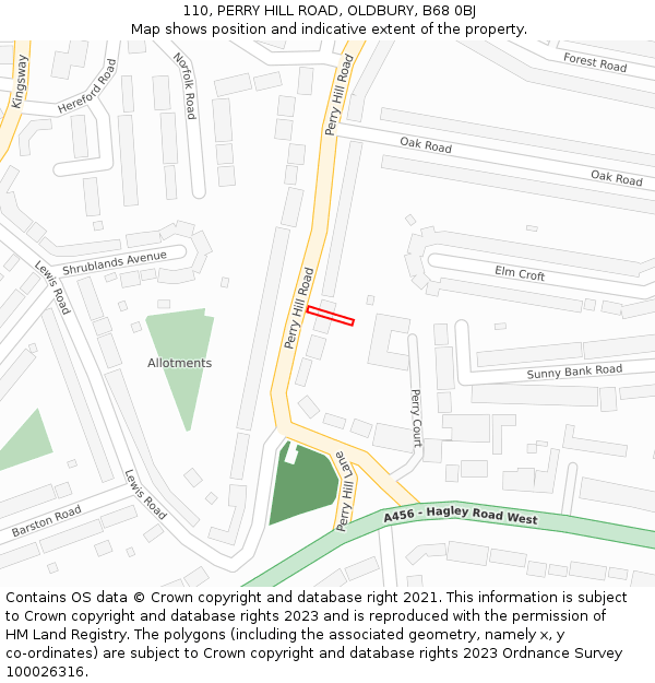 110, PERRY HILL ROAD, OLDBURY, B68 0BJ: Location map and indicative extent of plot