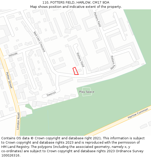 110, POTTERS FIELD, HARLOW, CM17 9DA: Location map and indicative extent of plot