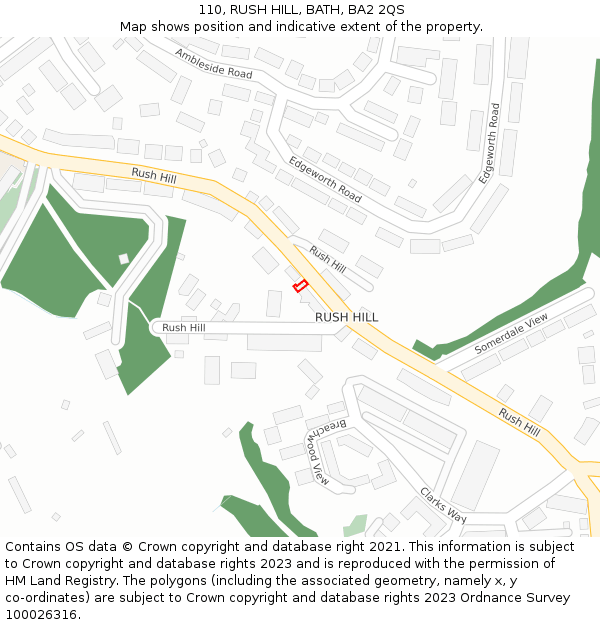 110, RUSH HILL, BATH, BA2 2QS: Location map and indicative extent of plot