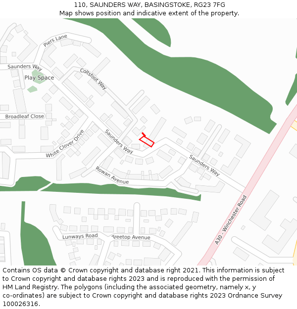 110, SAUNDERS WAY, BASINGSTOKE, RG23 7FG: Location map and indicative extent of plot