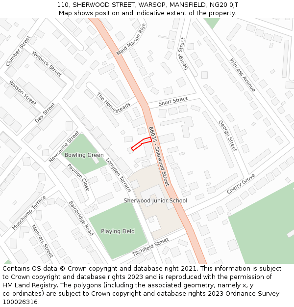110, SHERWOOD STREET, WARSOP, MANSFIELD, NG20 0JT: Location map and indicative extent of plot