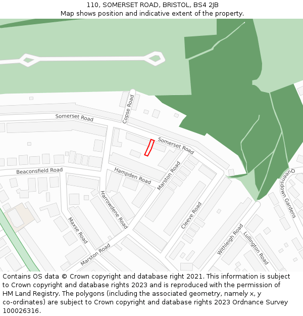 110, SOMERSET ROAD, BRISTOL, BS4 2JB: Location map and indicative extent of plot