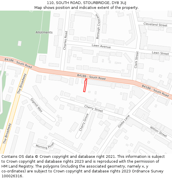 110, SOUTH ROAD, STOURBRIDGE, DY8 3UJ: Location map and indicative extent of plot