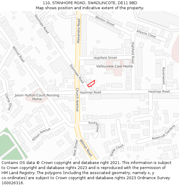 110, STANHOPE ROAD, SWADLINCOTE, DE11 9BD: Location map and indicative extent of plot
