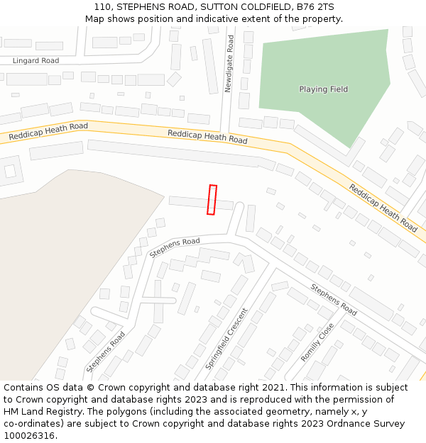110, STEPHENS ROAD, SUTTON COLDFIELD, B76 2TS: Location map and indicative extent of plot