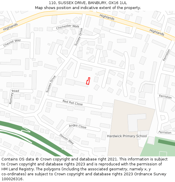 110, SUSSEX DRIVE, BANBURY, OX16 1UL: Location map and indicative extent of plot