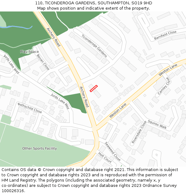 110, TICONDEROGA GARDENS, SOUTHAMPTON, SO19 9HD: Location map and indicative extent of plot