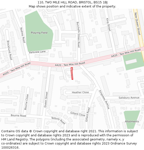 110, TWO MILE HILL ROAD, BRISTOL, BS15 1BJ: Location map and indicative extent of plot