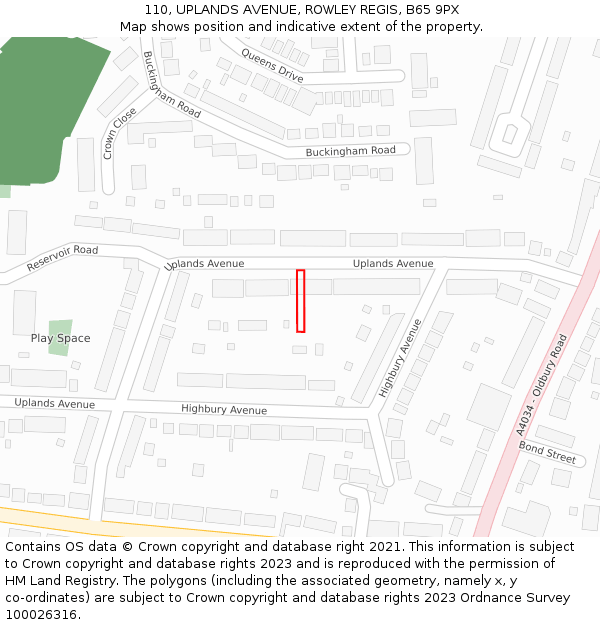 110, UPLANDS AVENUE, ROWLEY REGIS, B65 9PX: Location map and indicative extent of plot