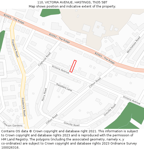 110, VICTORIA AVENUE, HASTINGS, TN35 5BT: Location map and indicative extent of plot