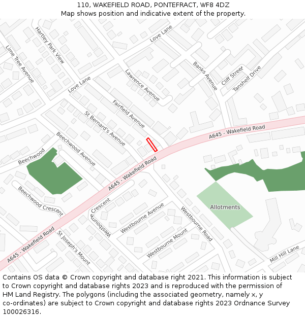 110, WAKEFIELD ROAD, PONTEFRACT, WF8 4DZ: Location map and indicative extent of plot