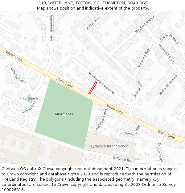 110, WATER LANE, TOTTON, SOUTHAMPTON, SO40 3GS: Location map and indicative extent of plot