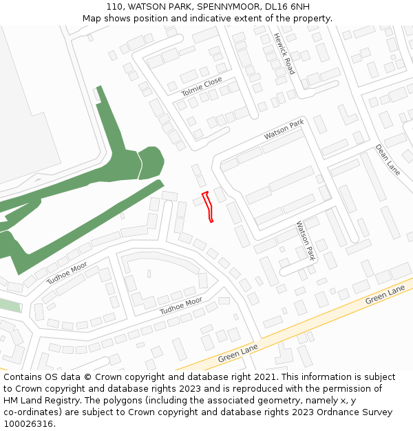 110, WATSON PARK, SPENNYMOOR, DL16 6NH: Location map and indicative extent of plot