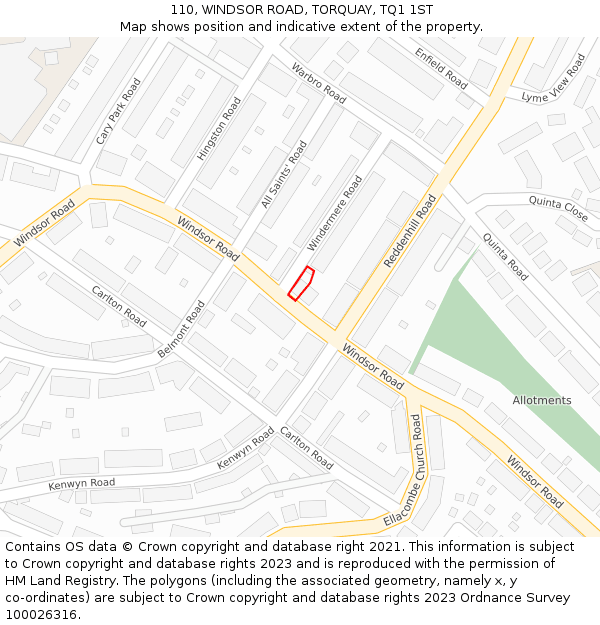 110, WINDSOR ROAD, TORQUAY, TQ1 1ST: Location map and indicative extent of plot