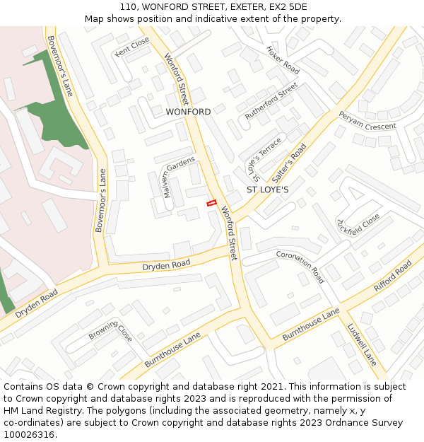 110, WONFORD STREET, EXETER, EX2 5DE: Location map and indicative extent of plot