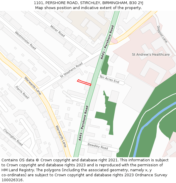 1101, PERSHORE ROAD, STIRCHLEY, BIRMINGHAM, B30 2YJ: Location map and indicative extent of plot