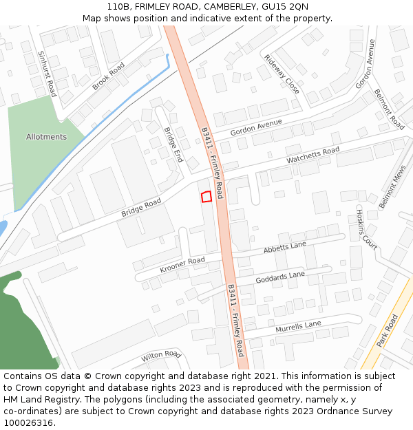 110B, FRIMLEY ROAD, CAMBERLEY, GU15 2QN: Location map and indicative extent of plot