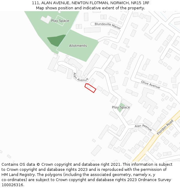 111, ALAN AVENUE, NEWTON FLOTMAN, NORWICH, NR15 1RF: Location map and indicative extent of plot