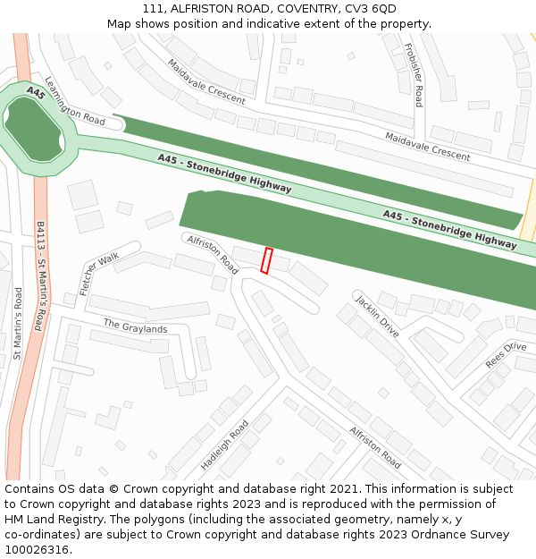111, ALFRISTON ROAD, COVENTRY, CV3 6QD: Location map and indicative extent of plot