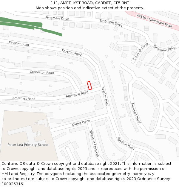 111, AMETHYST ROAD, CARDIFF, CF5 3NT: Location map and indicative extent of plot