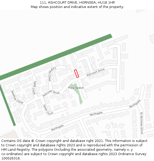 111, ASHCOURT DRIVE, HORNSEA, HU18 1HR: Location map and indicative extent of plot