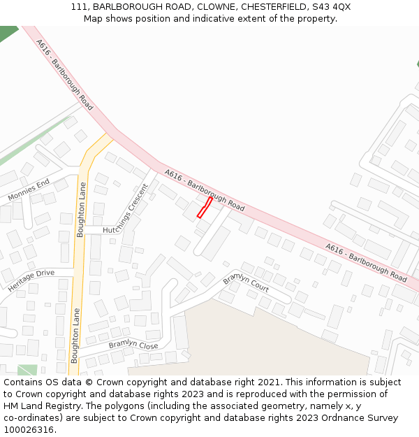 111, BARLBOROUGH ROAD, CLOWNE, CHESTERFIELD, S43 4QX: Location map and indicative extent of plot