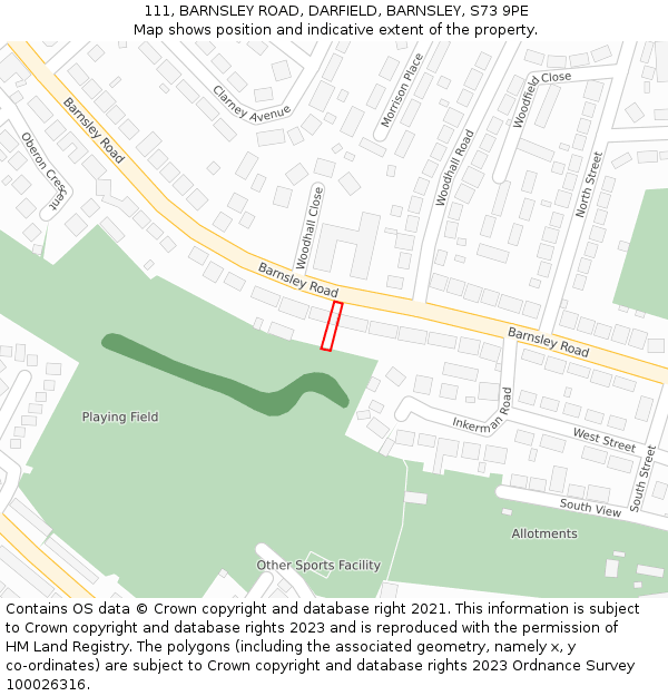 111, BARNSLEY ROAD, DARFIELD, BARNSLEY, S73 9PE: Location map and indicative extent of plot