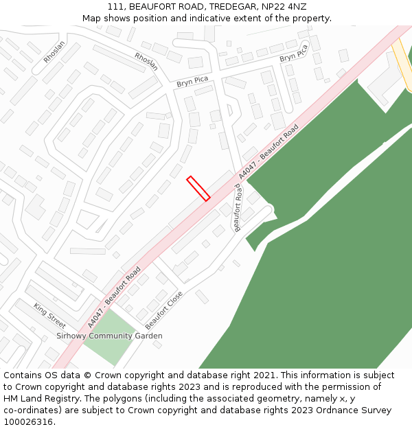 111, BEAUFORT ROAD, TREDEGAR, NP22 4NZ: Location map and indicative extent of plot