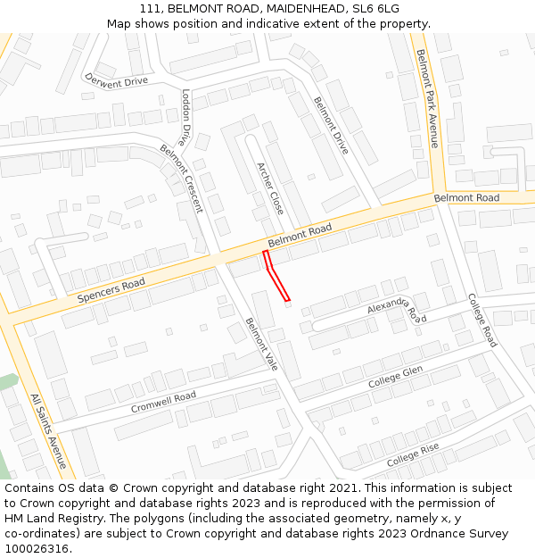 111, BELMONT ROAD, MAIDENHEAD, SL6 6LG: Location map and indicative extent of plot