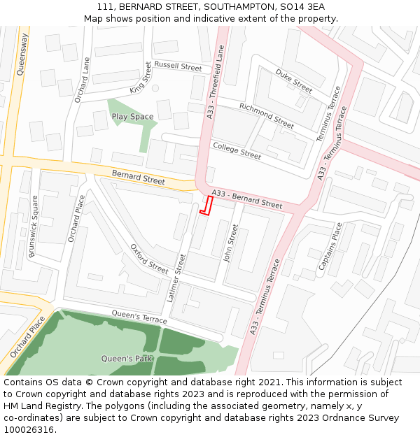 111, BERNARD STREET, SOUTHAMPTON, SO14 3EA: Location map and indicative extent of plot