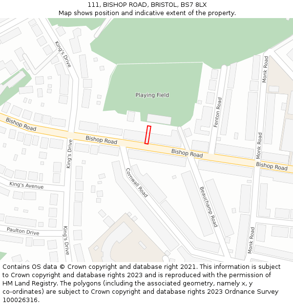 111, BISHOP ROAD, BRISTOL, BS7 8LX: Location map and indicative extent of plot