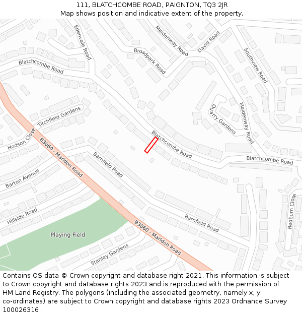 111, BLATCHCOMBE ROAD, PAIGNTON, TQ3 2JR: Location map and indicative extent of plot
