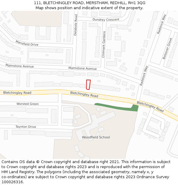 111, BLETCHINGLEY ROAD, MERSTHAM, REDHILL, RH1 3QG: Location map and indicative extent of plot
