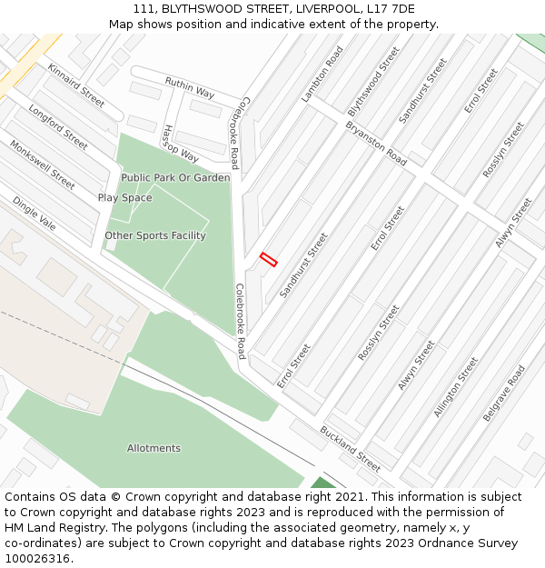 111, BLYTHSWOOD STREET, LIVERPOOL, L17 7DE: Location map and indicative extent of plot
